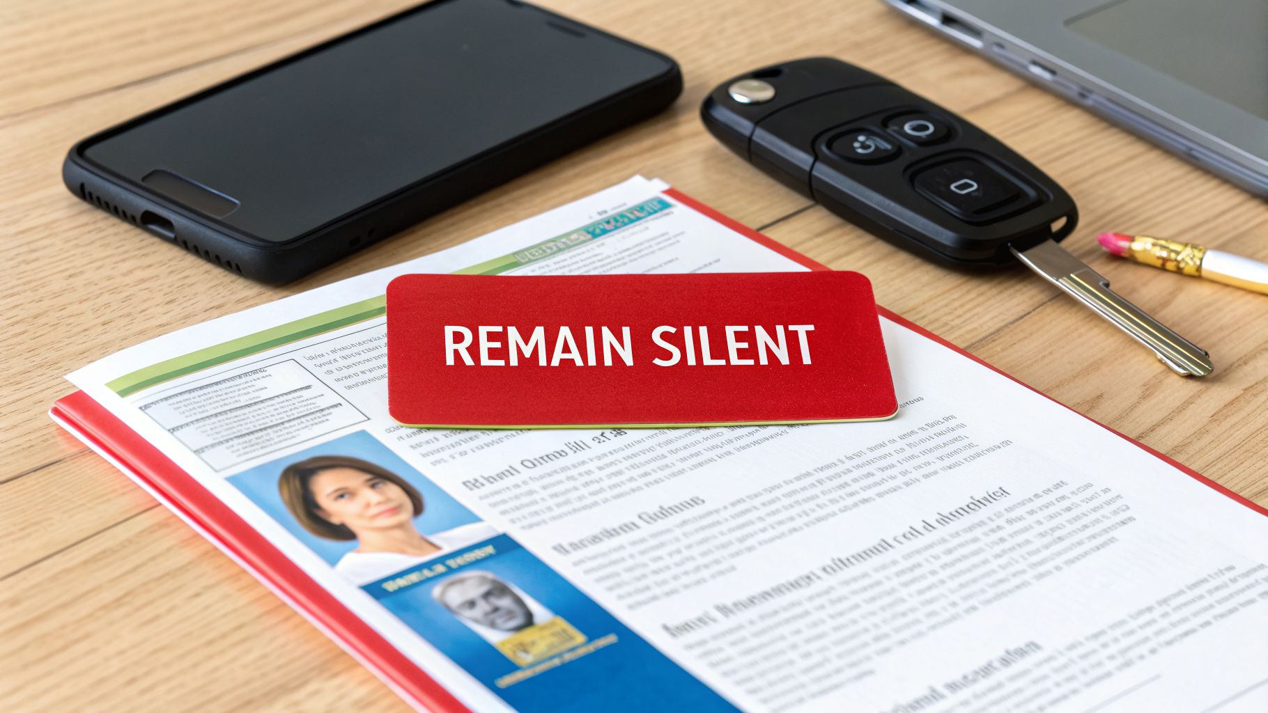 A red card with 'REMAIN SILENT' on a legal document, next to a phone and car key.