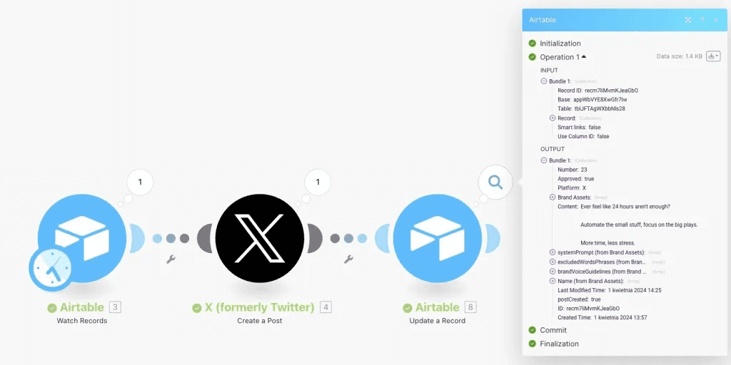 Make.com workflow diagram for Lucas Ostrowski's automated X posting system. Visual shows three-step process: Airtable Watch Records, X Create a Post, and Airtable Update a Record. Right panel displays detailed operation data, demonstrating seamless integration of no-code tools for efficient social media content management and automation.