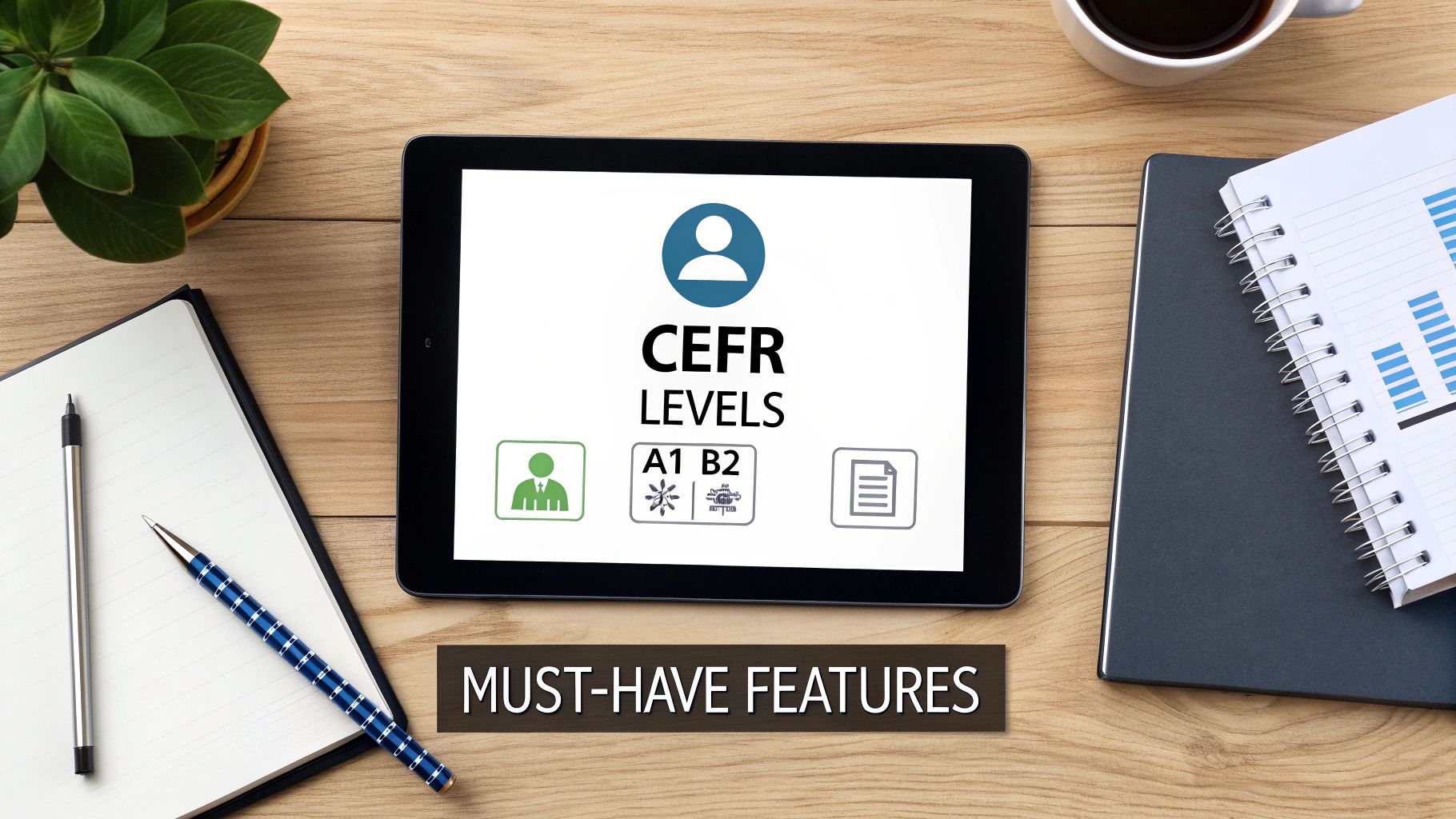 Tablet displaying CEFR language levels (A1 B2) and must-have features on a wooden desk with stationery.