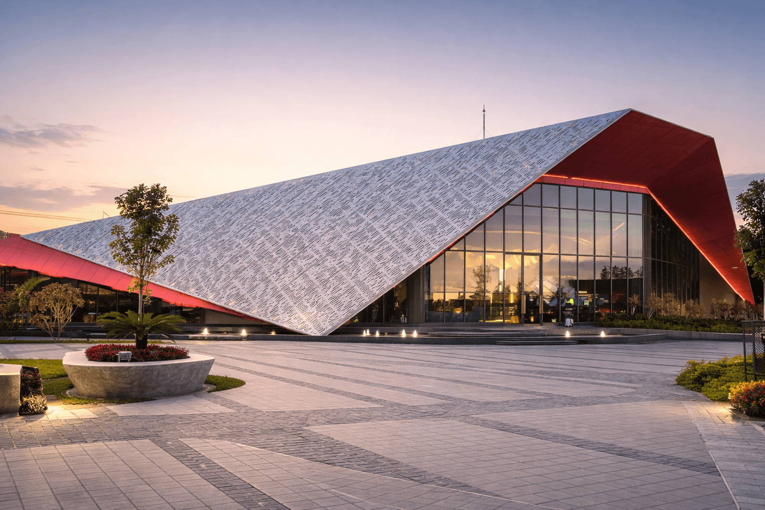 Large-scale commercial architecture with Egmore Black stone flooring and exterior paving design