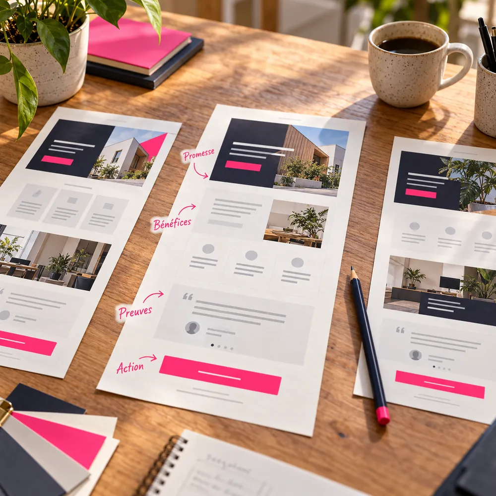 Maquettes de landing page ordonnées de la promesse aux preuves et à l’action.