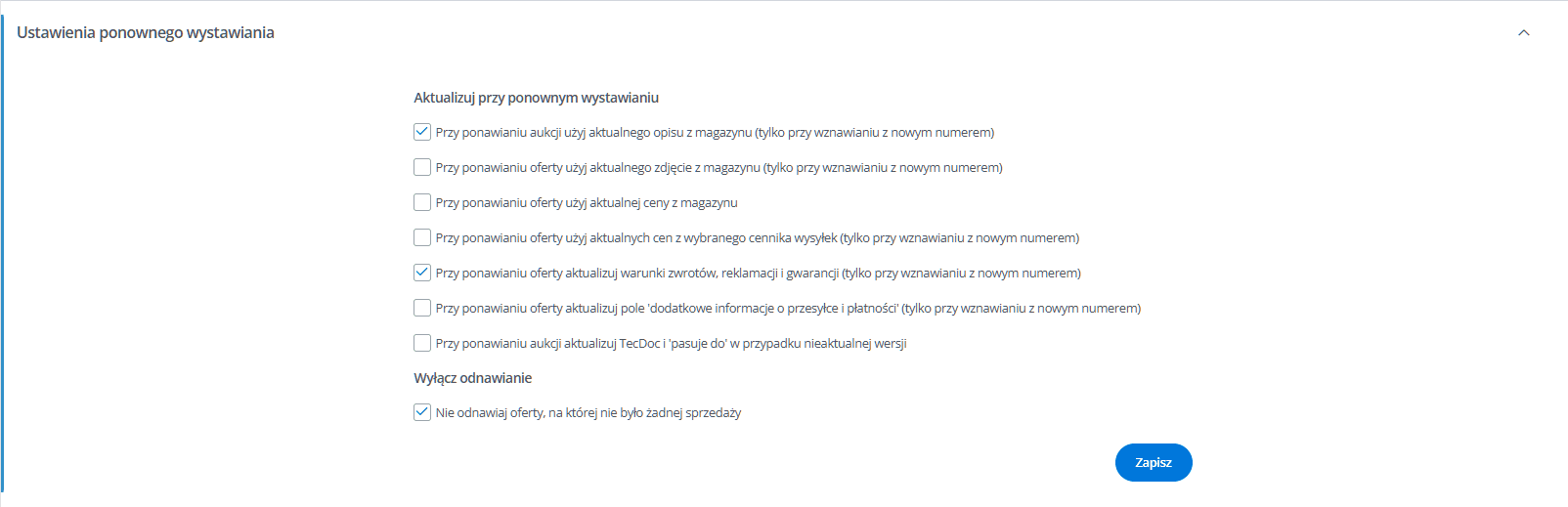 Ustawienia ponownego wystawiania ofert w module Allegro w Base.com