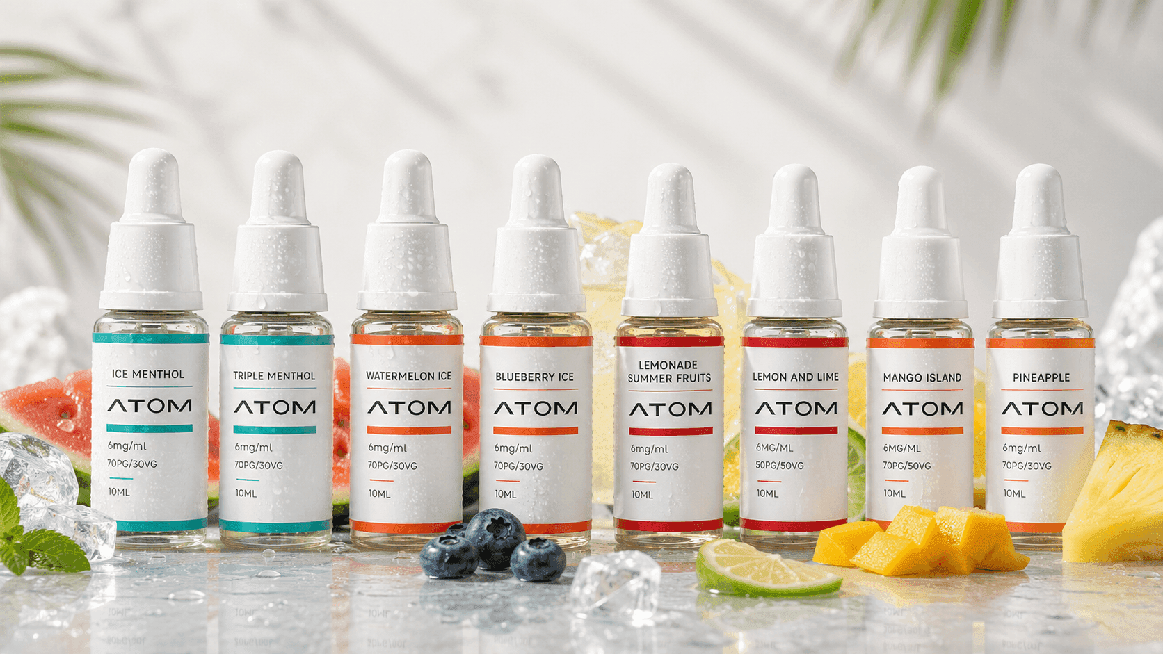 ATOM summer e-liquid range featuring eight flavours Ice Menthol, Triple Menthol, Watermelon Ice, Blueberry Ice, Lemonade Summer Fruits, Lemon and Lime, Mango Island, and Pineapple — available in 10ml bottles for wholesale and B2B orders.