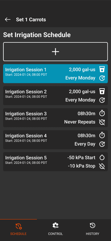 Irrigation automation schedule in M* moble app.