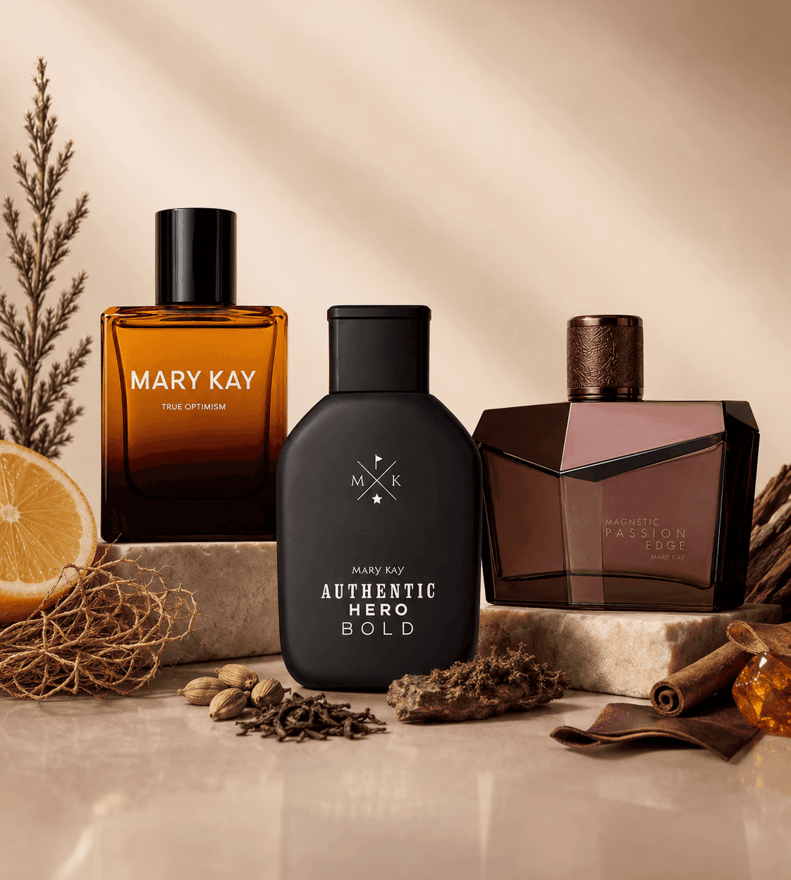 Composição editorial com fragrâncias masculinas Mary Kay em diferentes estilos de frascos.