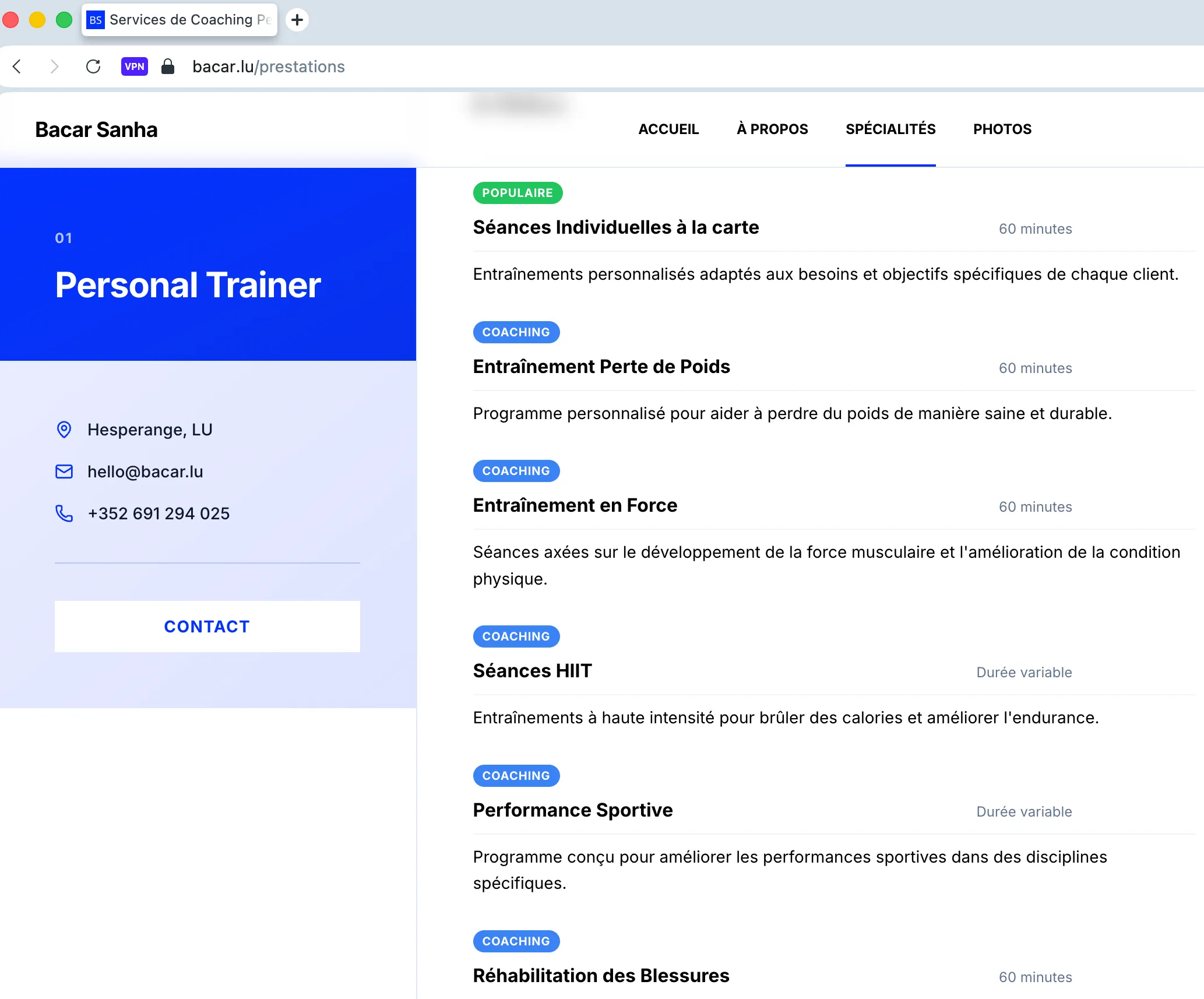 Site web de coach personnel présentant des services de coaching détaillés avec tarifs et durées