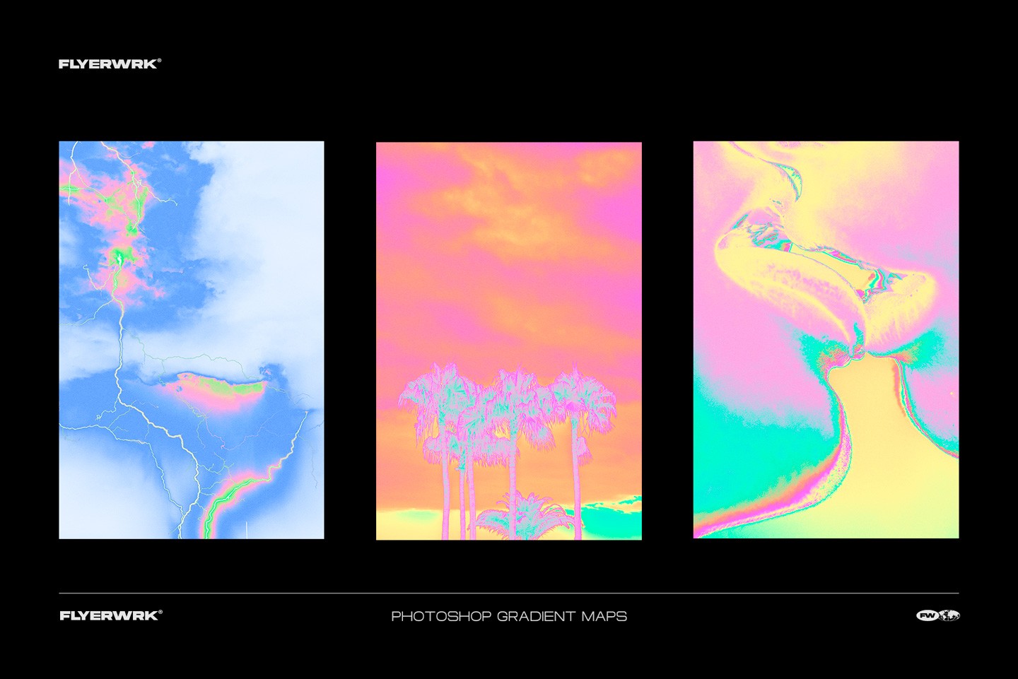 Three poster design examples featuring sky palm trees and abstract shapes with vivid color grading
