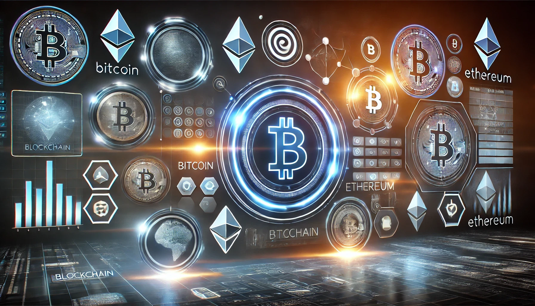 Crypto-themed image featuring charts, digital coins, and market trends, representing cryptocurrency trading and blockchain technology.