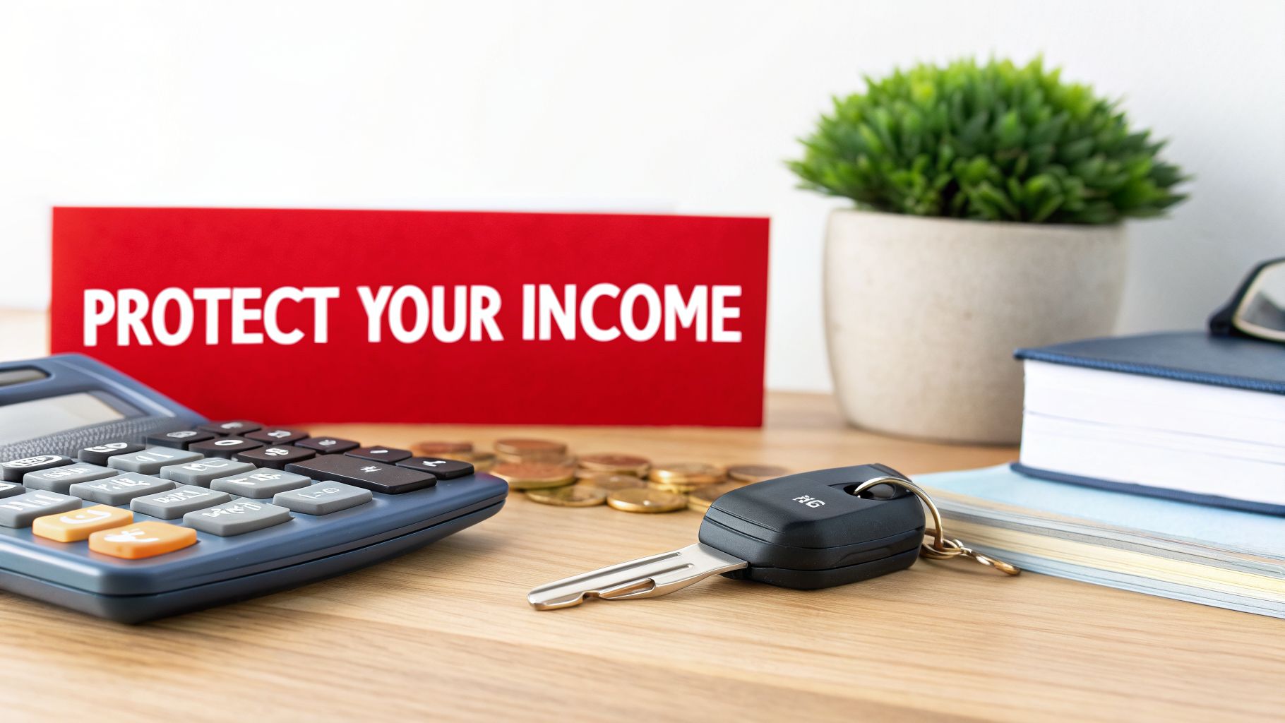 A desk with a red 'PROTECT YOUR INCOME' sign, calculator, coins, and car key.