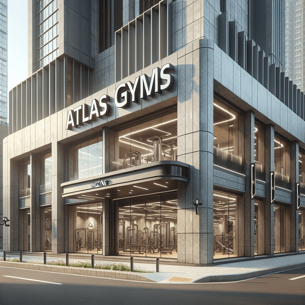 give me a storefront for a fictional gym called atlas gyms. No logo - just the word atlas on a sign outside. Make sure it looks like a real picture
