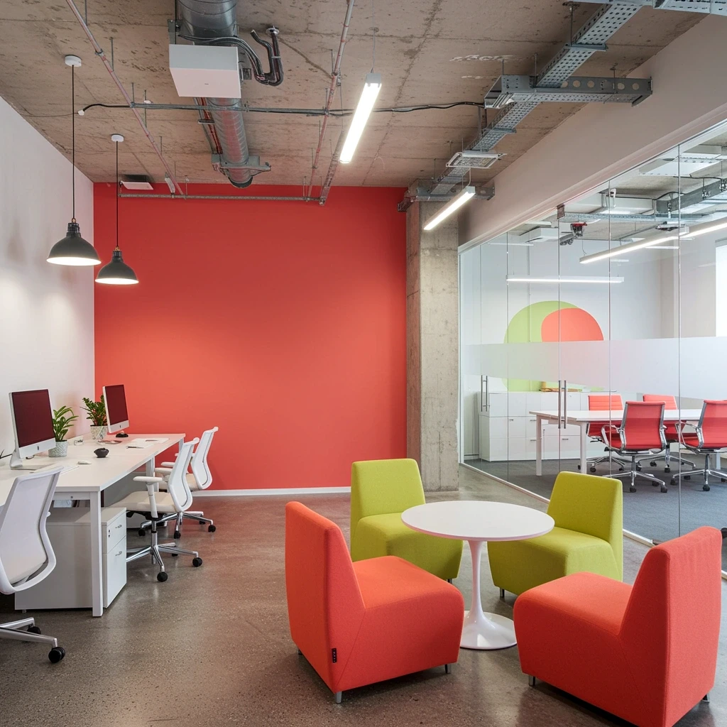Dynamic creative office space with coral accent wall, gray walls, and collaborative work areas