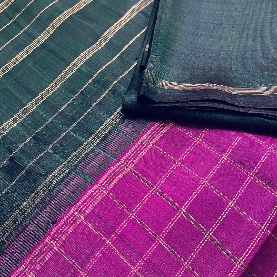 Magenta and Green Checkered Kanchivaram Silk Saree