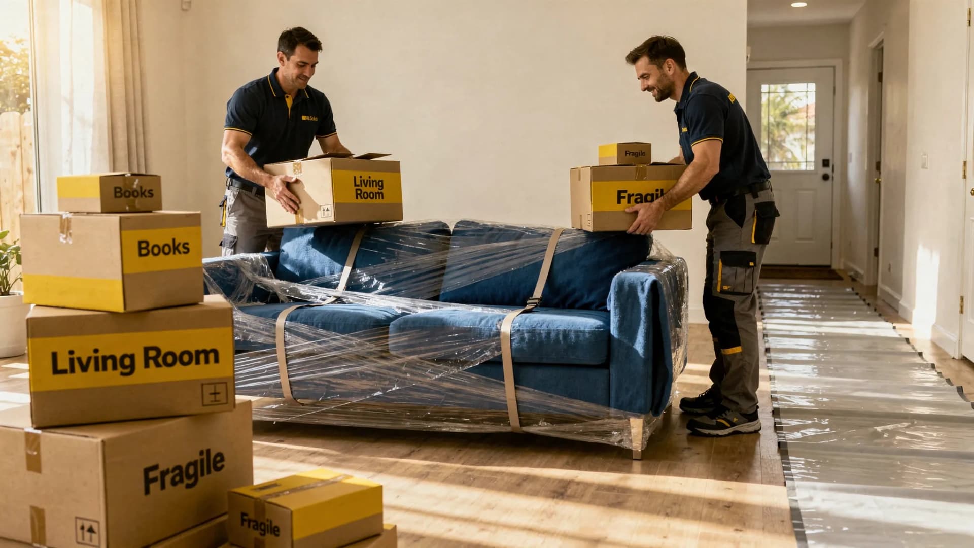A professional moving crew packing a living room: labeled boxes stacked neatly, a sofa wrapped in moving blankets and stretch wrap, and floor protection laid down in a hallway leading to the front door.