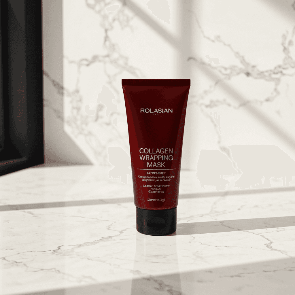 product photography of tube of collagen wrapping mask