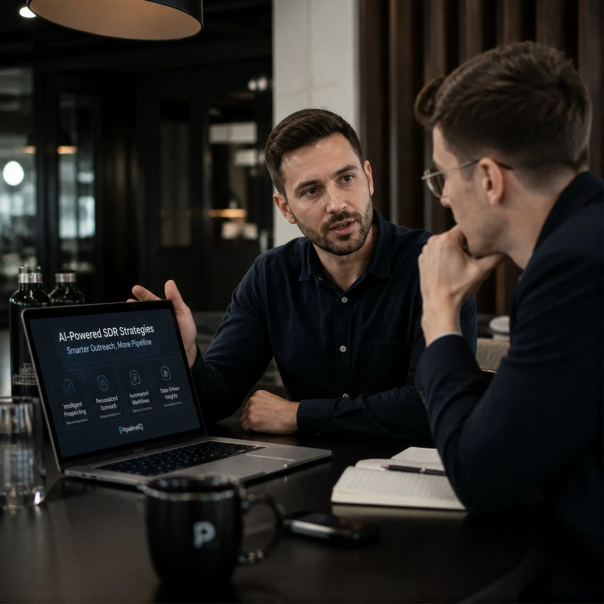 Professional partners analyzing data on a laptop screen in a dimly lit office space.