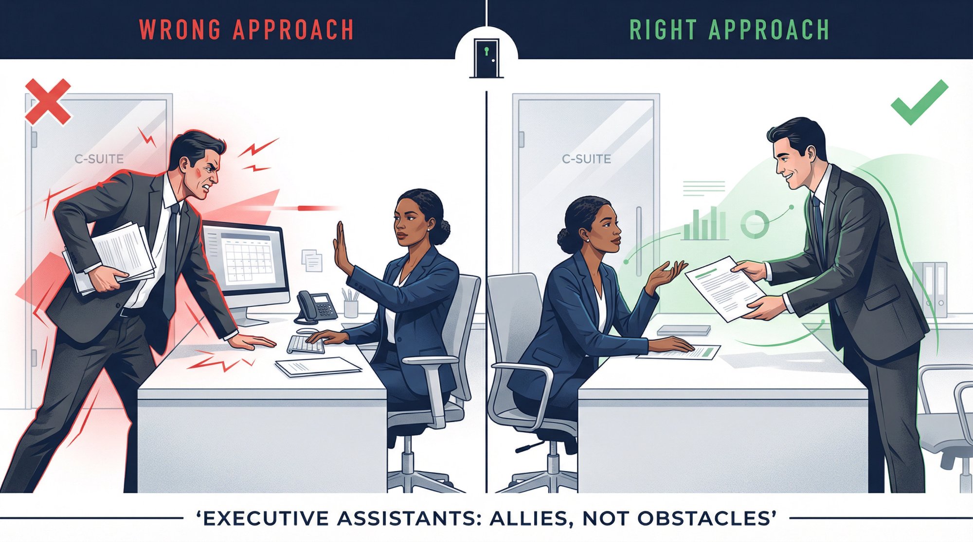 Professional interaction showing respectful EA gatekeeper collaboration with clear communication pathways