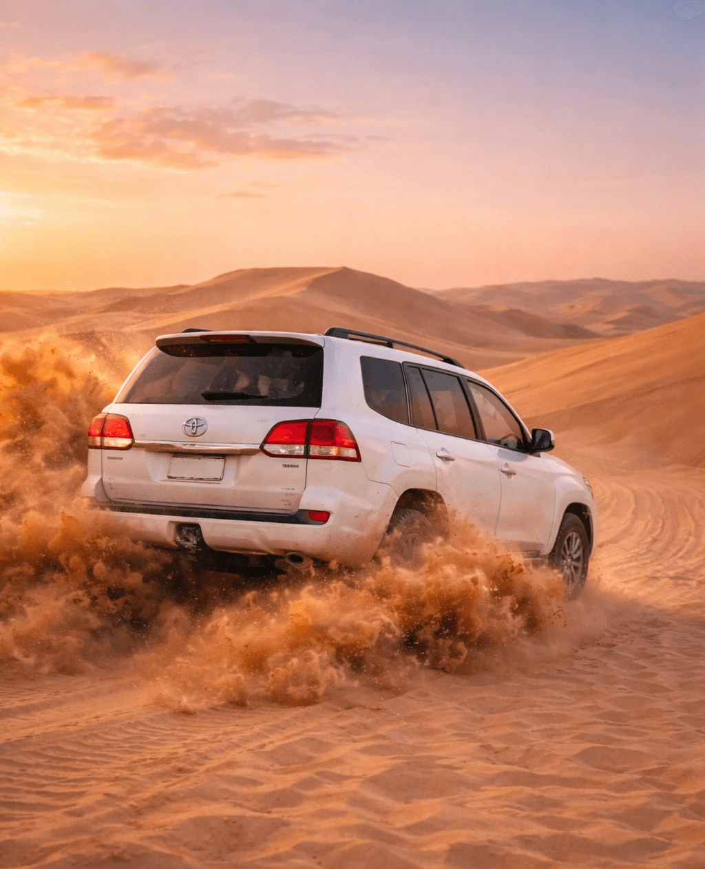 Toyota Land Cruiser dune bashing across Dubai desert dunes during a Dune Quest Tours desert safari at sunset