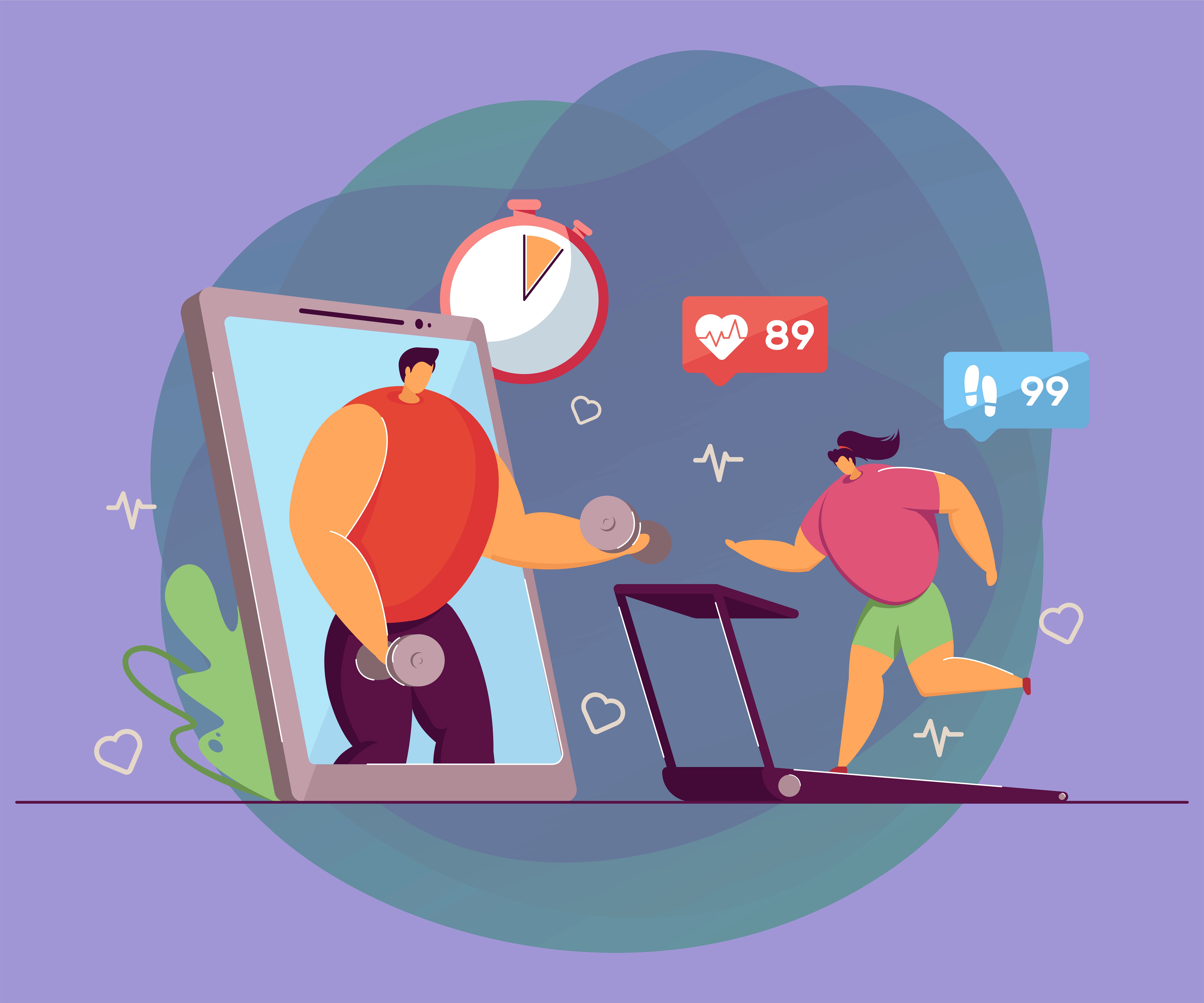 Fitness influencer coaching follower through phone screen with workout metrics and treadmill