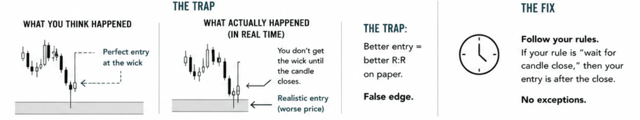 Showing someone getting the perfect entry, but it doesn't reflect their rules which require waiting on a candle close, so therefore their data is invalid.