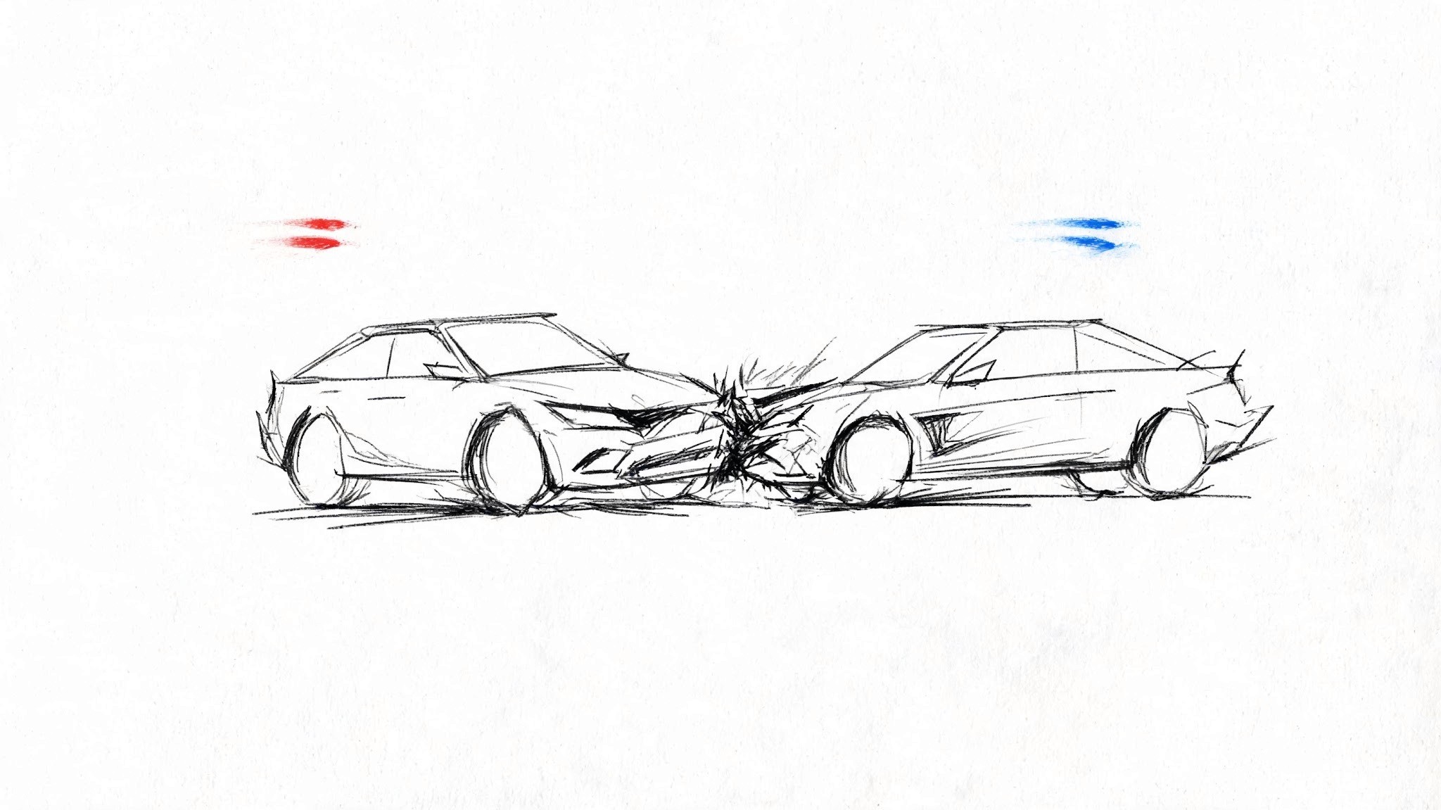 A black and white pencil sketch depicting a head-on collision between two cars moving towards each other.