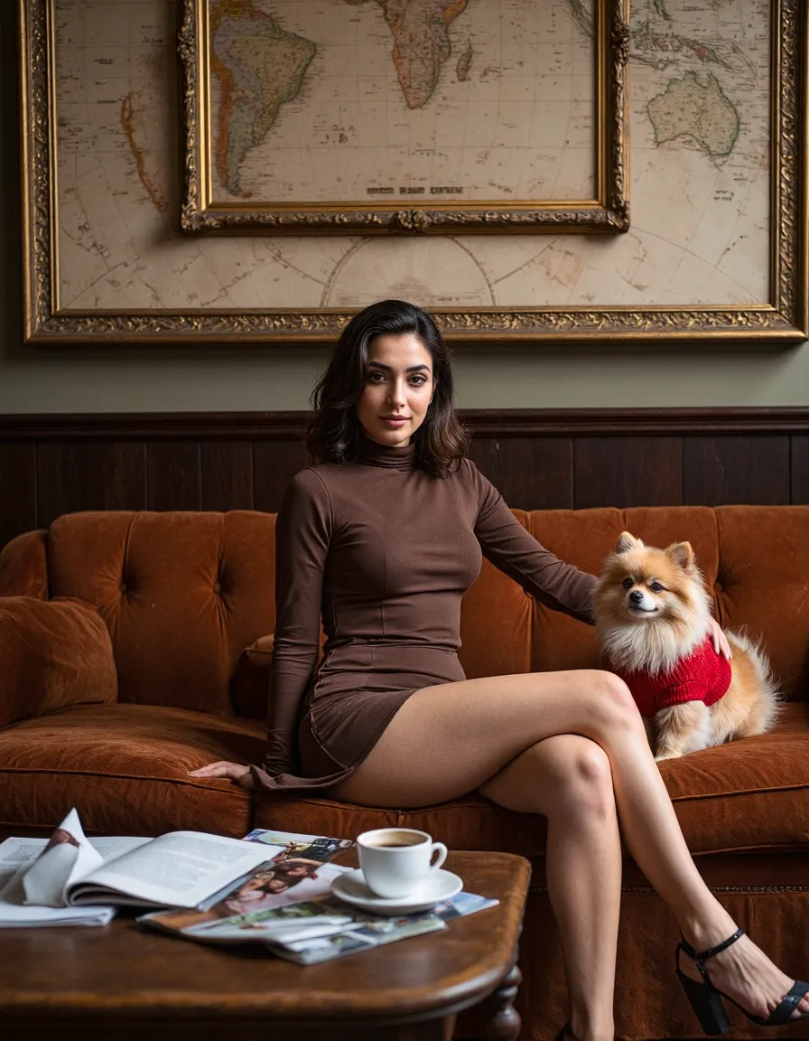 Woman in brown dress on orange sofa with small dog, vintage map backdrop, elegant holiday portrait photography