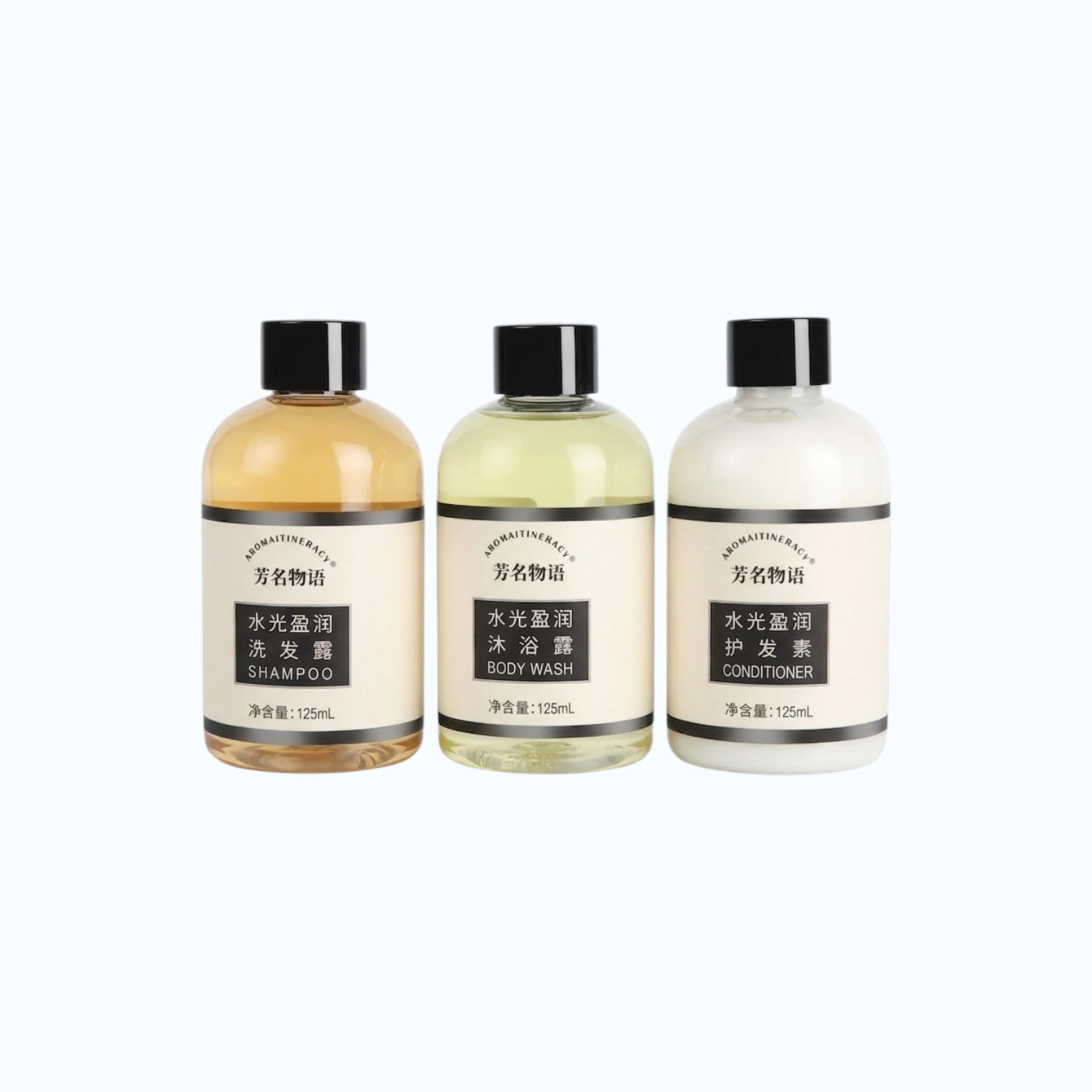 Portable travel toiletries set including hand wash and dish soap in a transparent carry bag, ideal for retail supermarket shelves and travel essentials section.