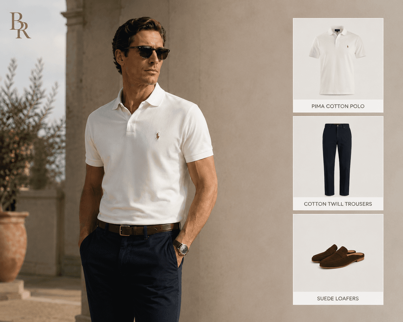 An outfit lookbook graphic for Blackthorne & Rowe. The left side features a man wearing a white Ralph Lauren pima cotton polo shirt tucked into navy blue cotton twill trousers with a brown leather belt, sunglasses, and a watch. The right side features three product showcase boxes displaying the individual items: a white polo shirt labeled "PIMA COTTON POLO", navy blue pants labeled "COTTON TWILL TROUSERS", and brown suede backless loafers labeled "SUEDE LOAFERS".