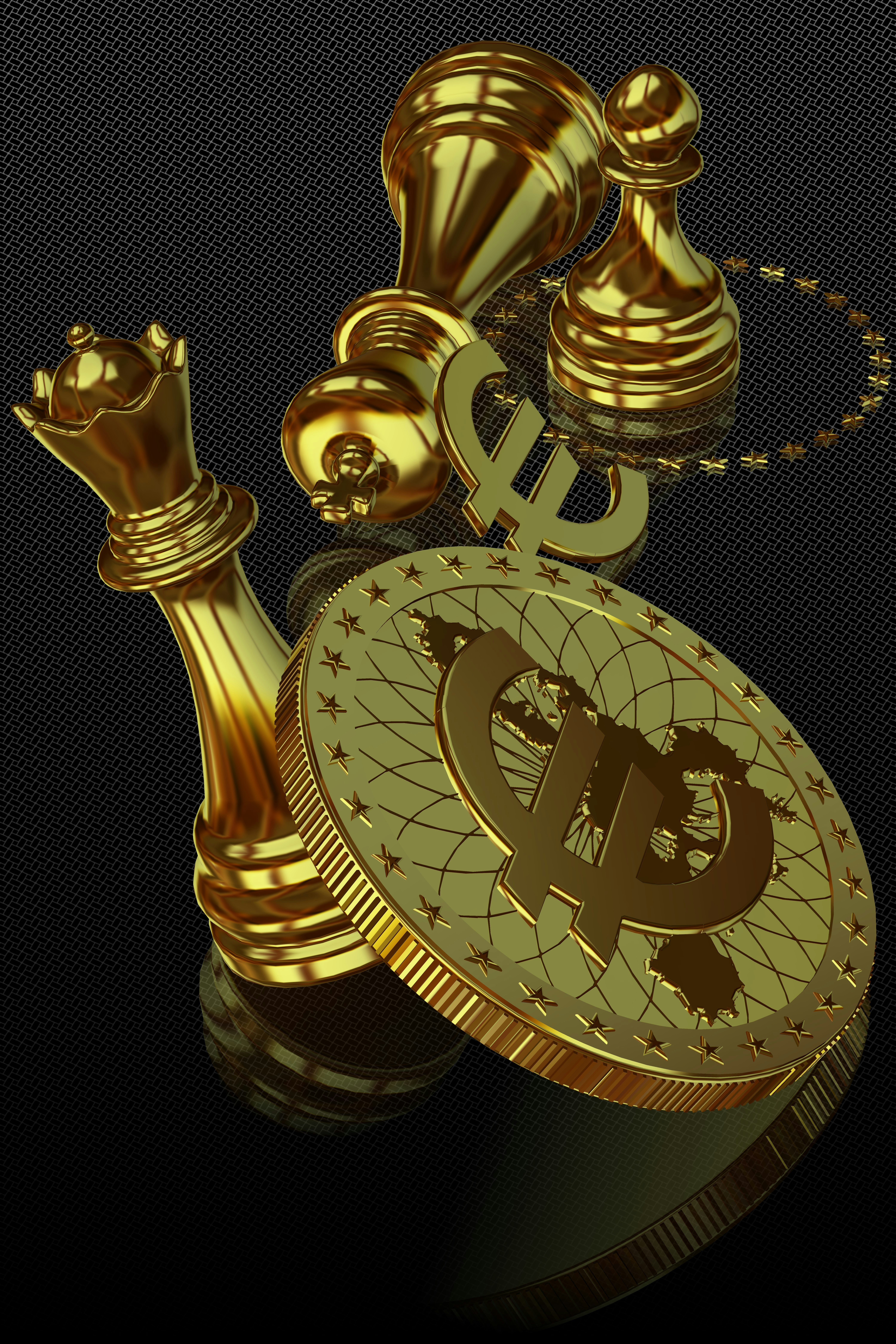 Chess pieces and euro coin symbolize money and power.