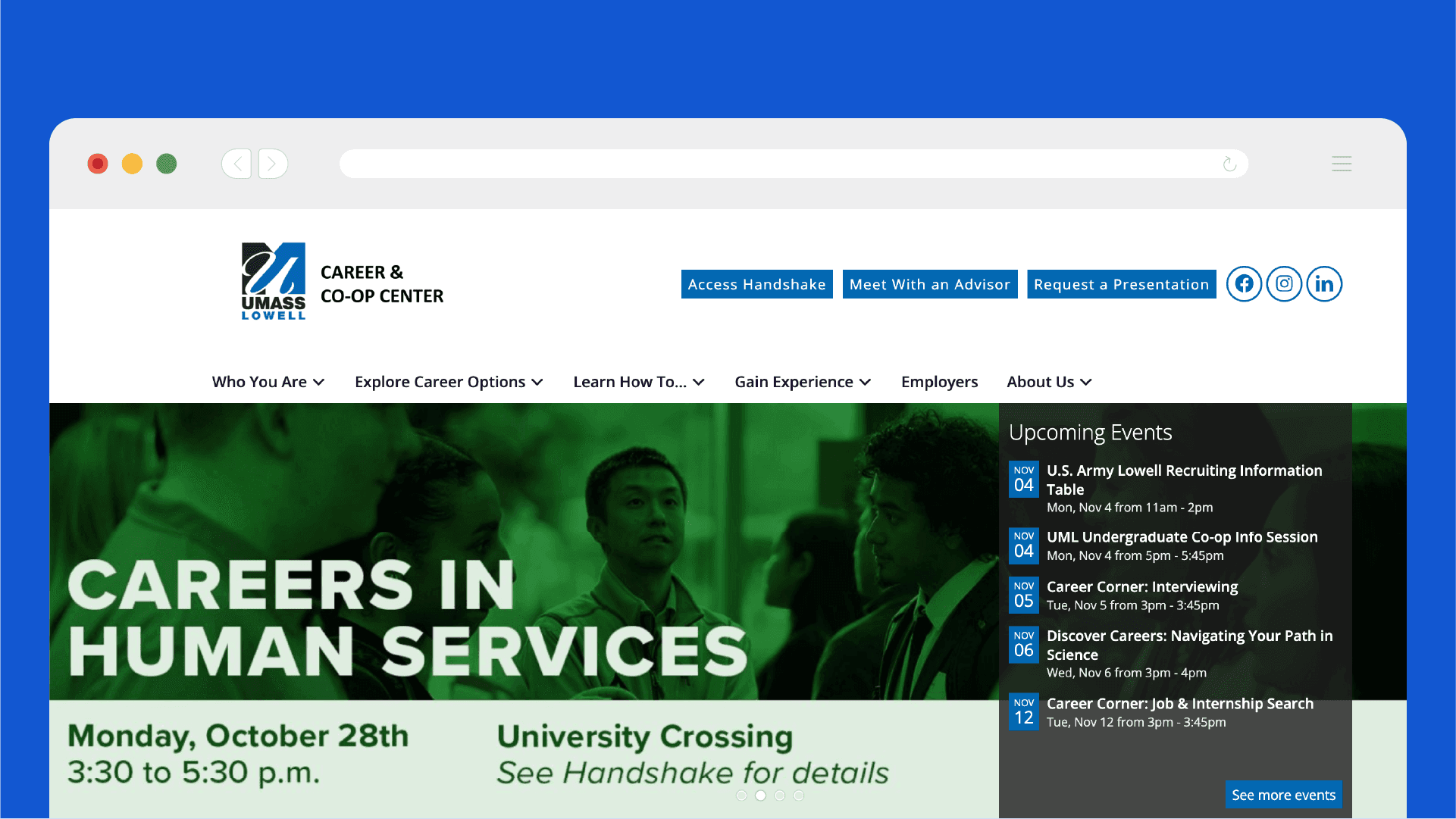 Banner showcased on the frong page of Career & CO-OP Center