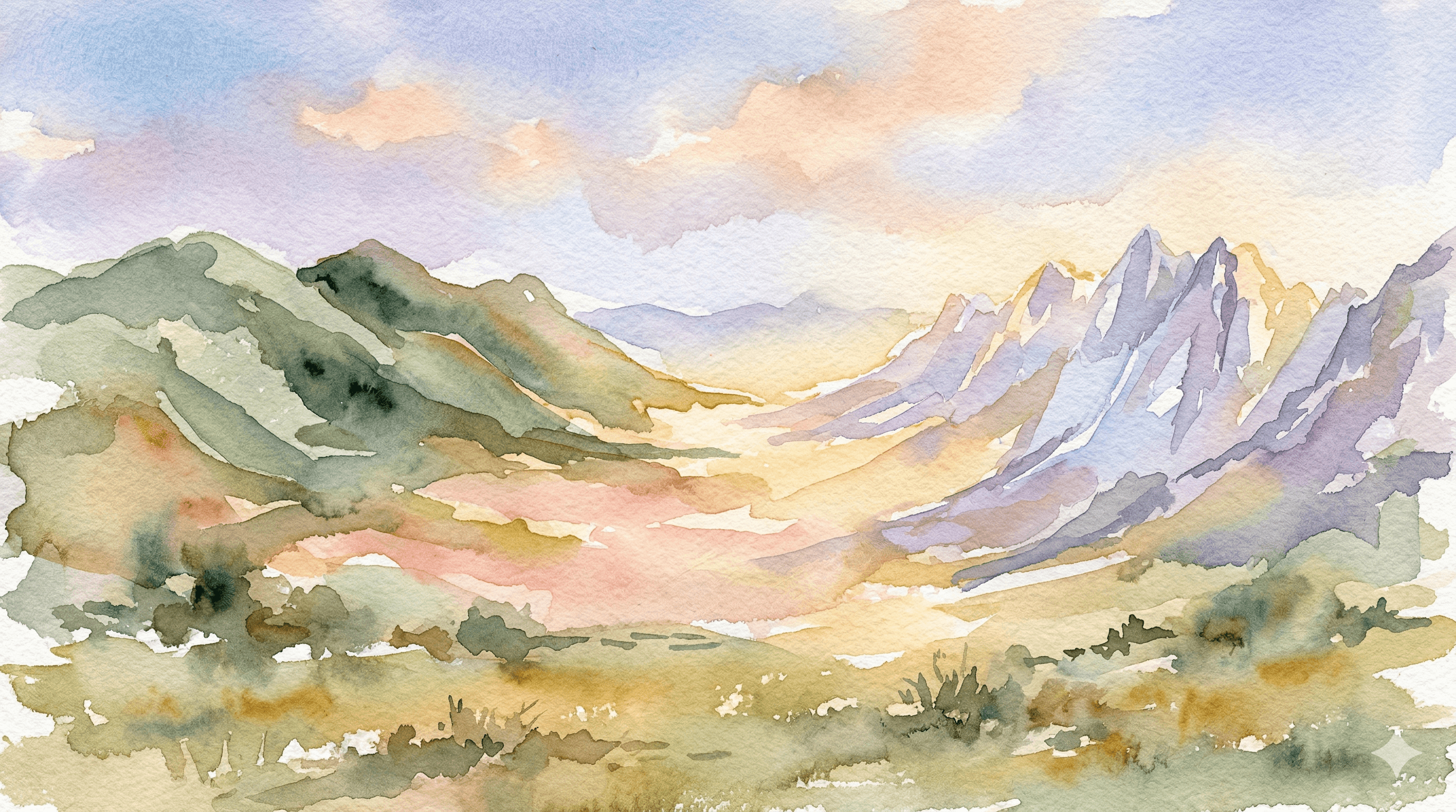 Watercolor two parallel mountain ridges with a glowing golden valley between them