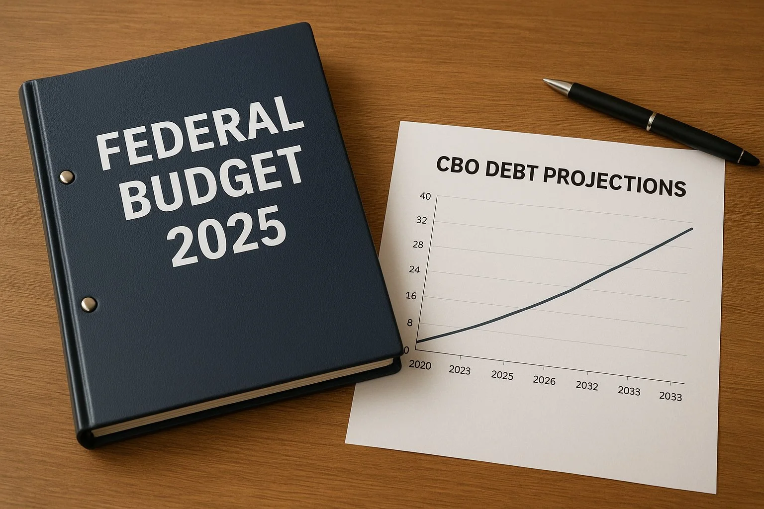 Policy briefing table with a binder labeled “Federal Budget 2025” beside a printed CBO chart showing debt projections.