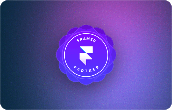 A purple badge with a scalloped edge displays ‘Framer Partner’ on a glowing gradient background.