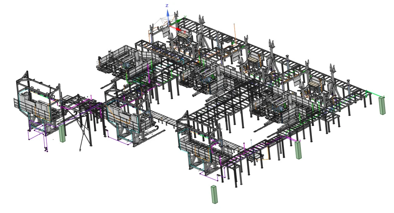 Modélisation 3D d’une installation de filtration industrielle avec structure métallique, plateforme et réseau de raccordement.