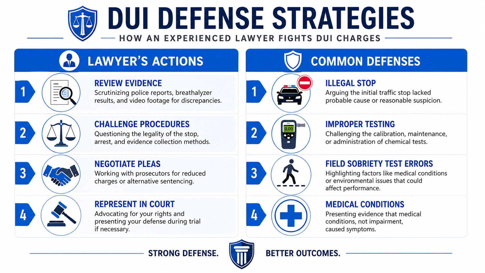 A professional infographic outlining essential DUI defense strategies used by expert lawyers to protect clients in court.
