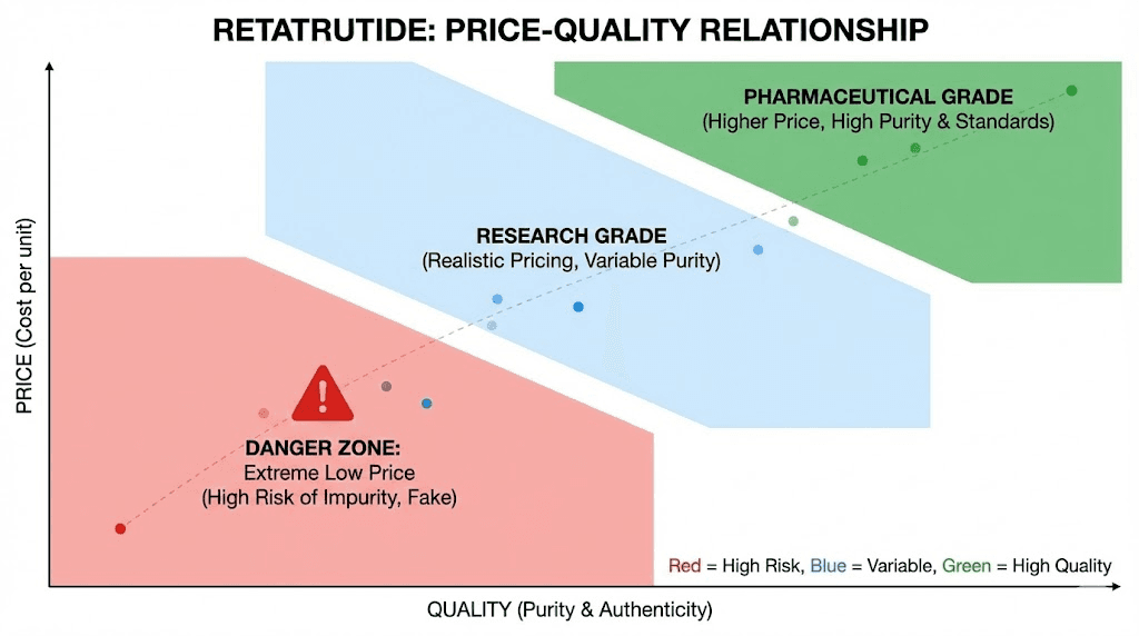 Retatrutide pricing guide showing quality zones and red flag price points
