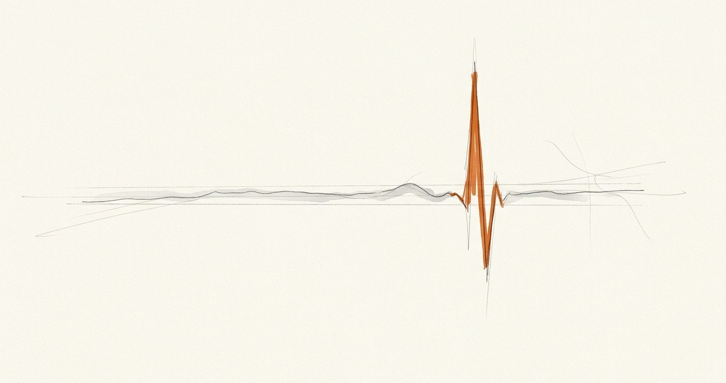 Architectural sketch of a gridded surface cracked open by buyer indecision, burnt orange fracture revealing the hidden gap beneath an orderly B2B pipeline
