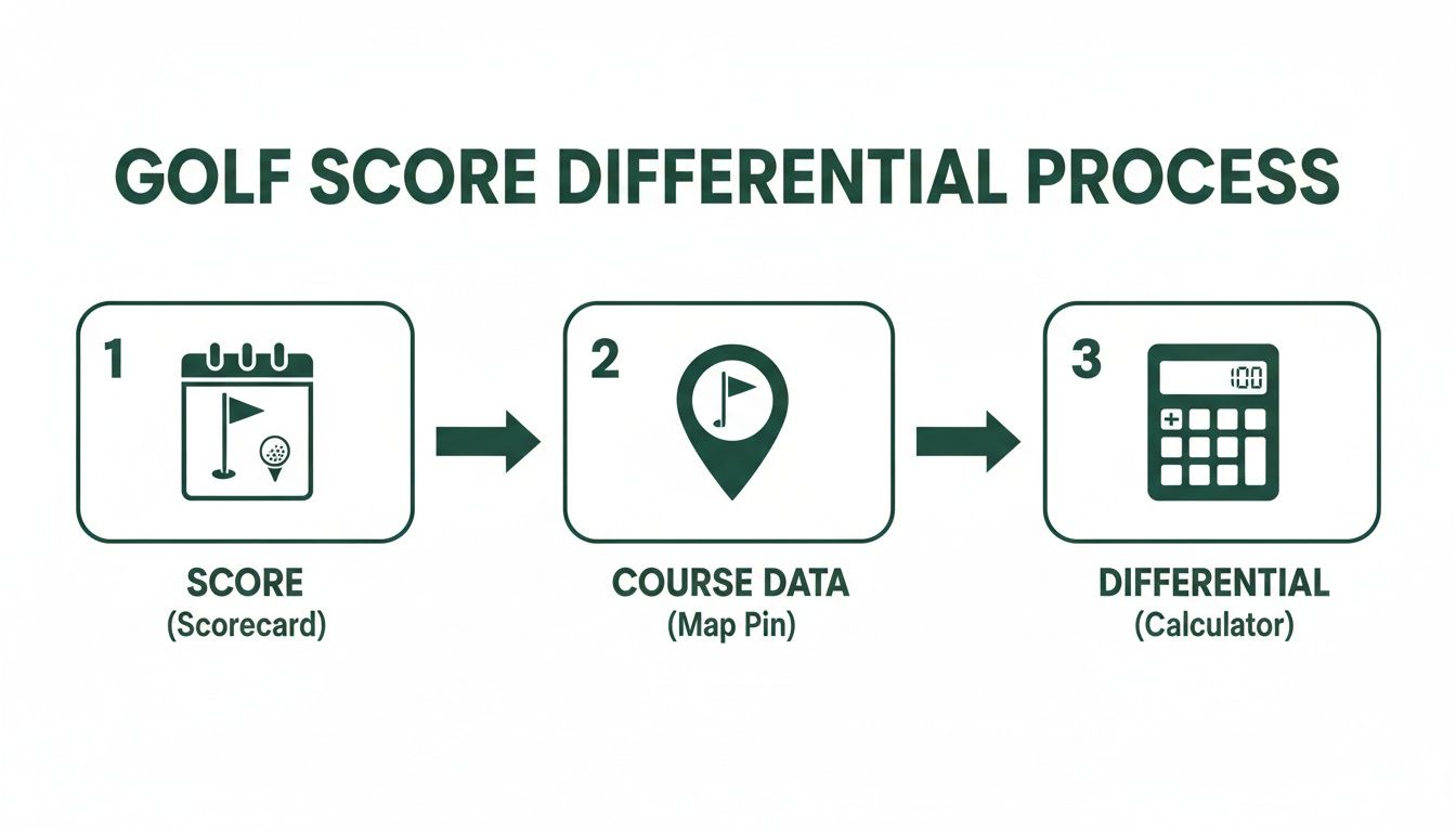 Infographic illustrating the golf score differential calculation process in three steps.