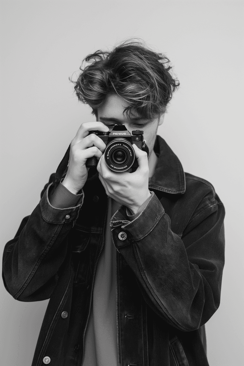 A person with tousled hair and wearing a dark denim jacket holds a vintage camera up to their eye, creating a classic photographer’s pose against a plain background.