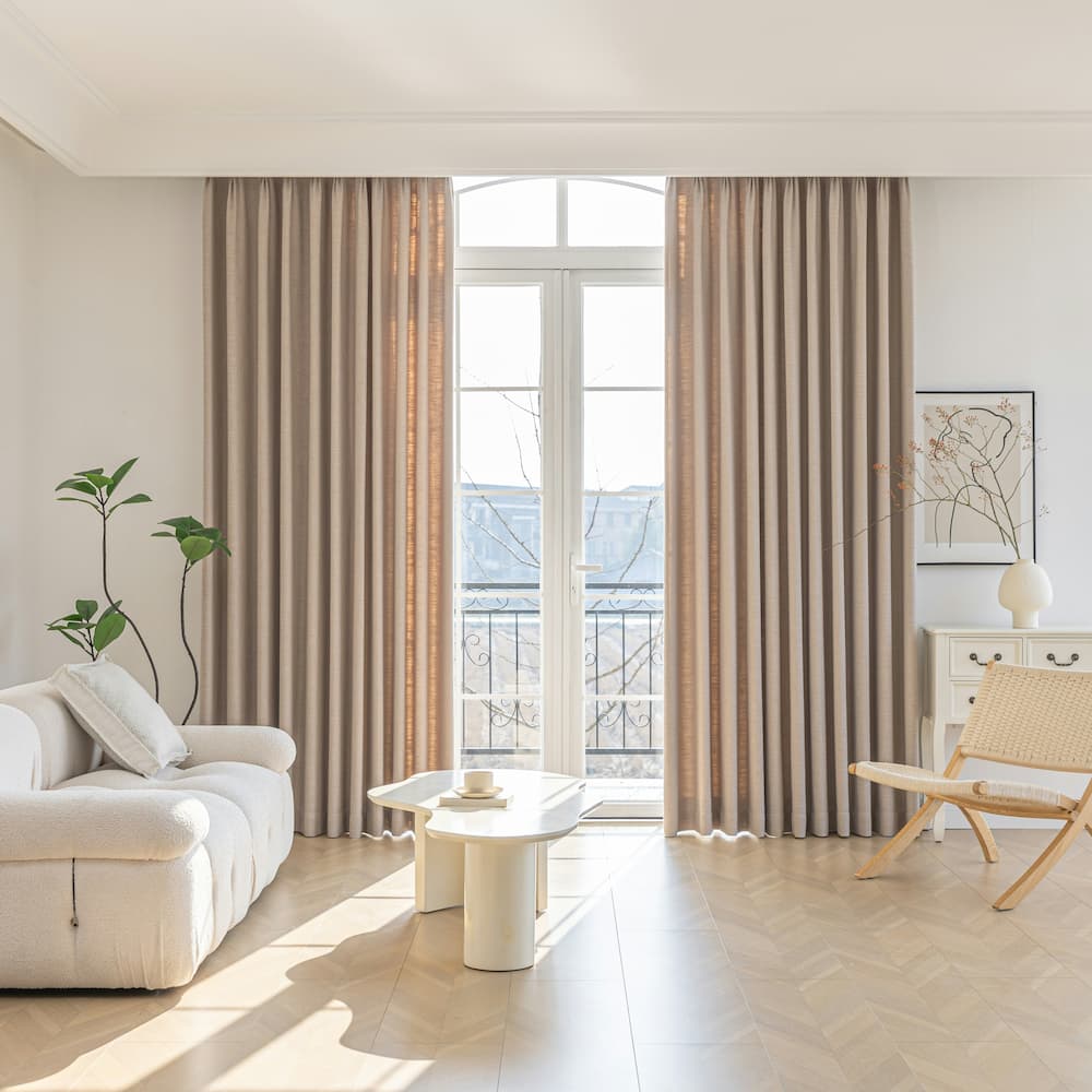 Room with open a window, sofa, table and wooden chair