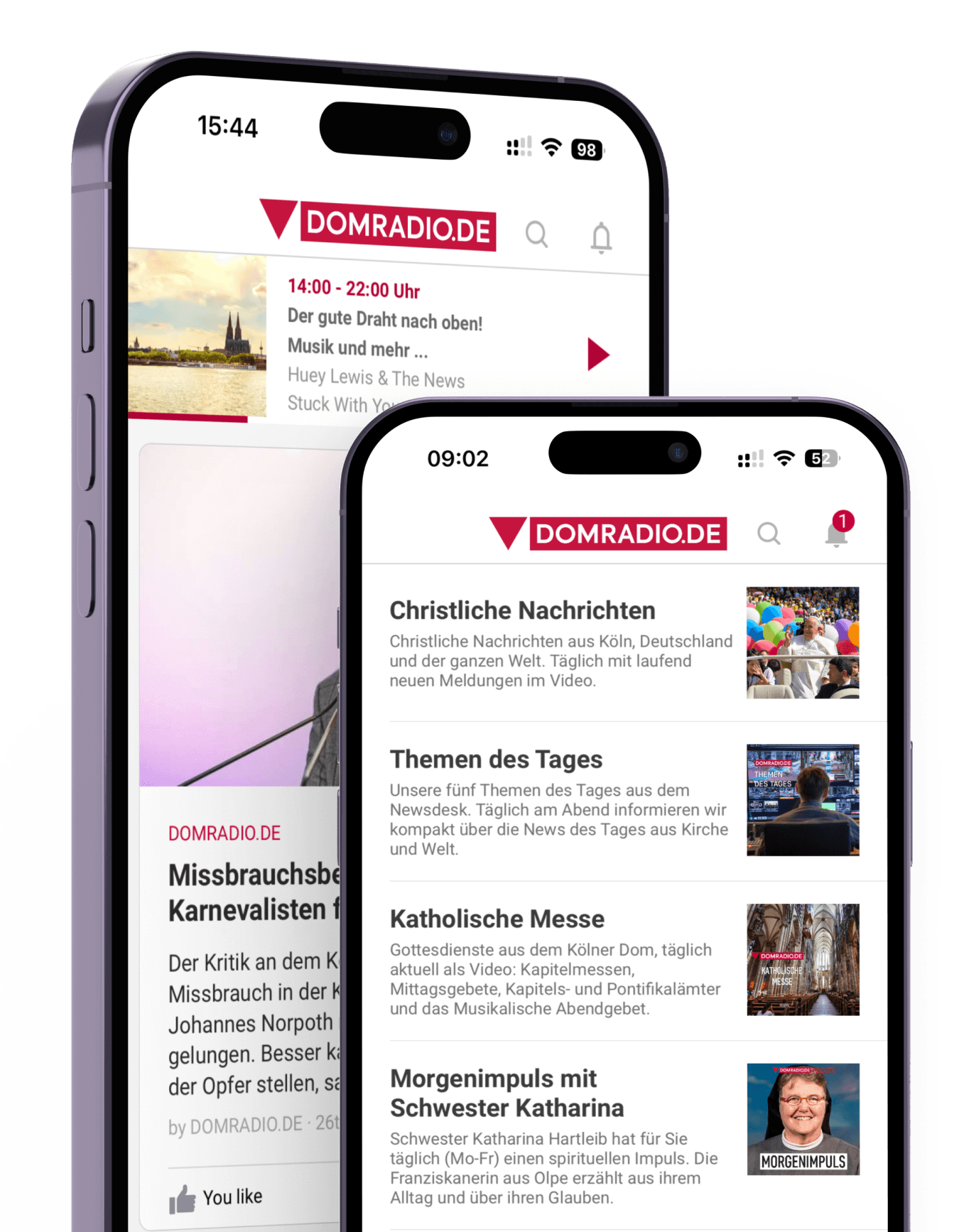 A fully white-label tchop app in a customer's own brand (DOMRADIO.DE) shown on two phones