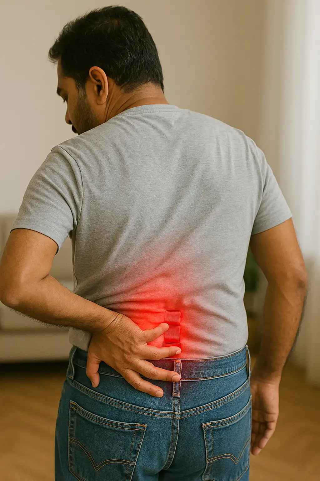 Man holding his lower back with visible inflammation, indicating lumbar disc bulge or herniation pain.