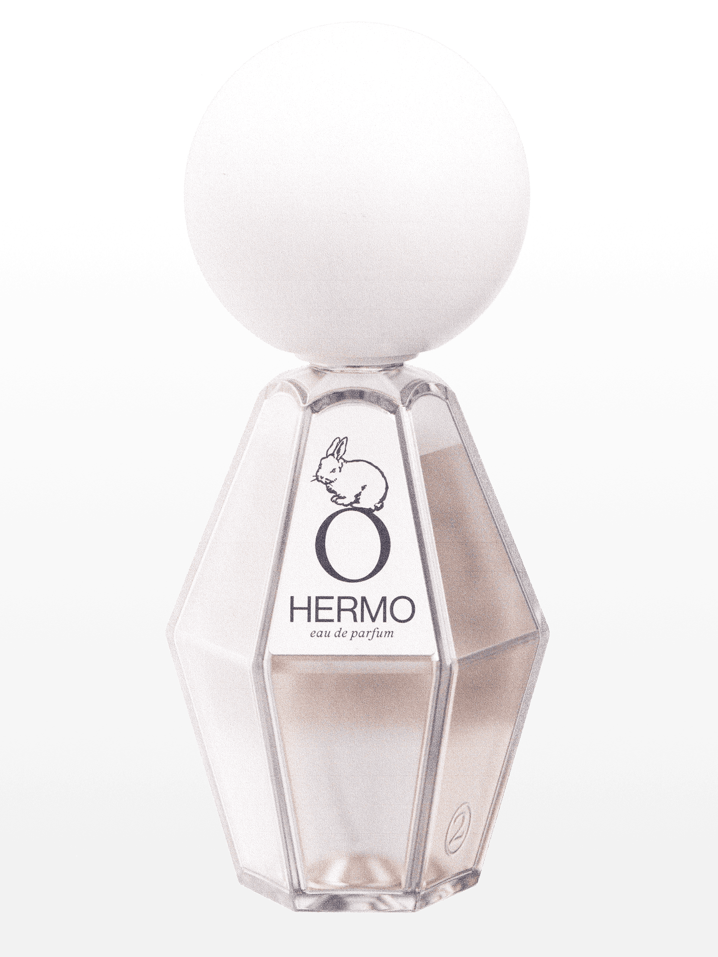 Packshot of the HERMO perfume by FEVVERS. A faceted glass bottle with a matte white spherical cap. The label shows a rabbit line drawing above the name HERMO. The transparent glass has a soft nude tint.