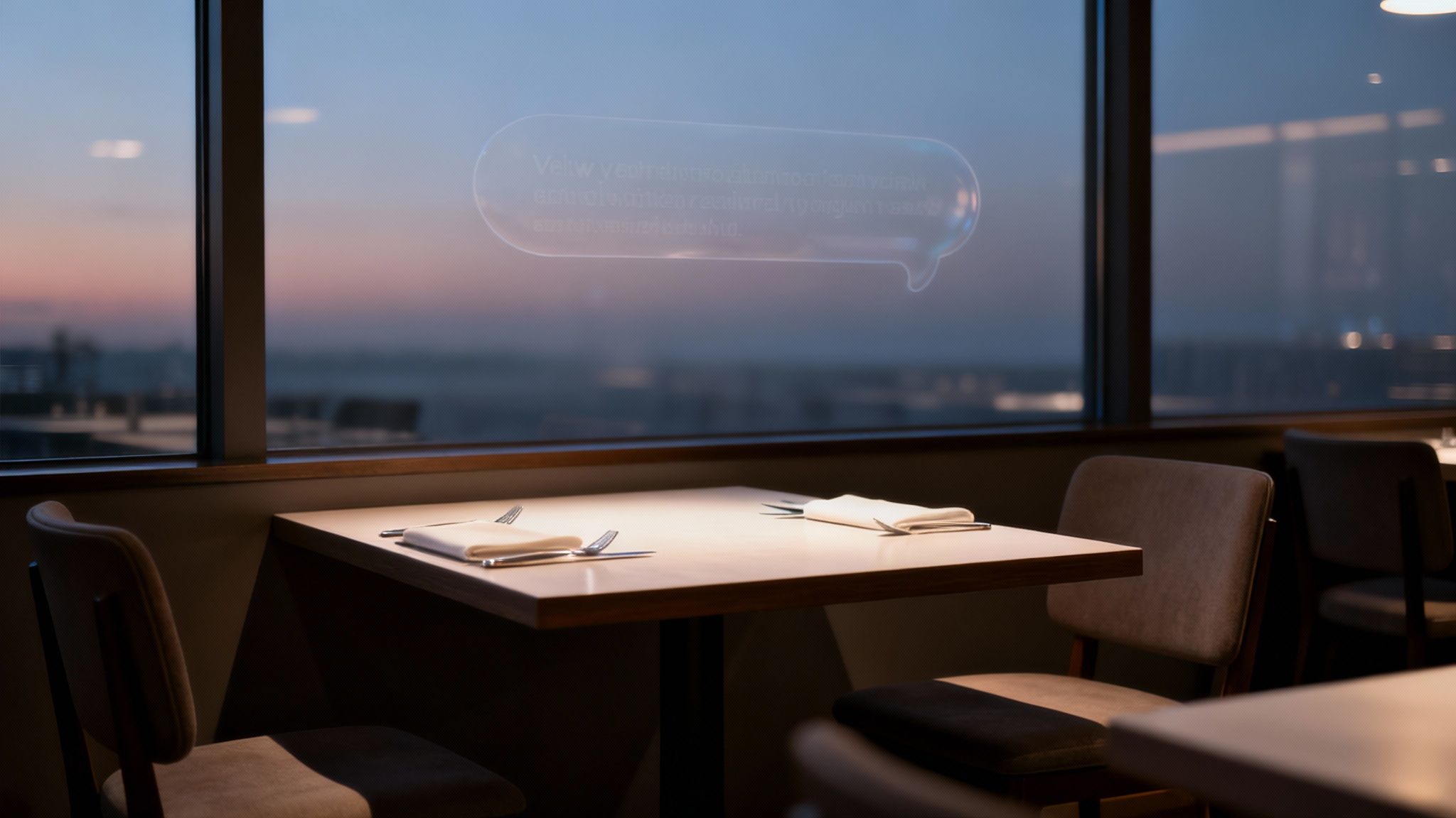 Elegant restaurant interior with a table for two overlooking a city at sunset, with a digital overlay on the window.