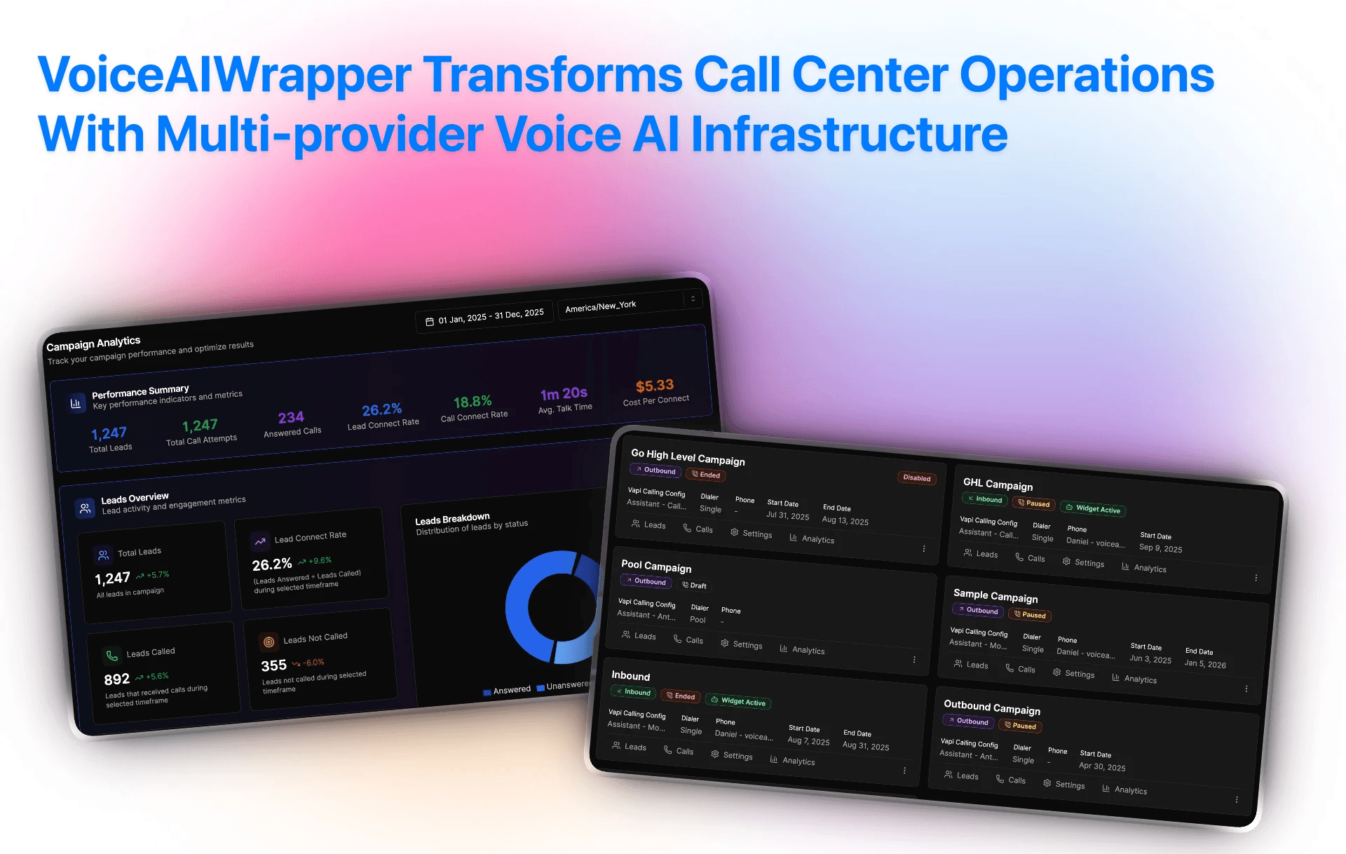 VoiceAIWrapper transforms call center operations with multi-provider voice AI showing campaign analytics and lead tracking | VoiceAIWrapper