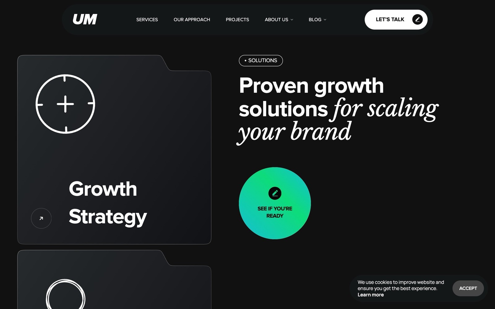 Dark website with "UM" logo, menu, and text: "Proven growth solutions for scaling your brand" in white. "Growth Strategy" on dark panel.