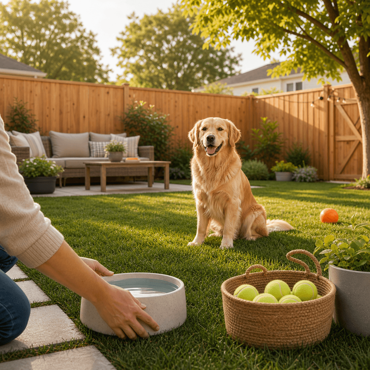 Host preparing a private backyard with water and tennis balls for dog guests
