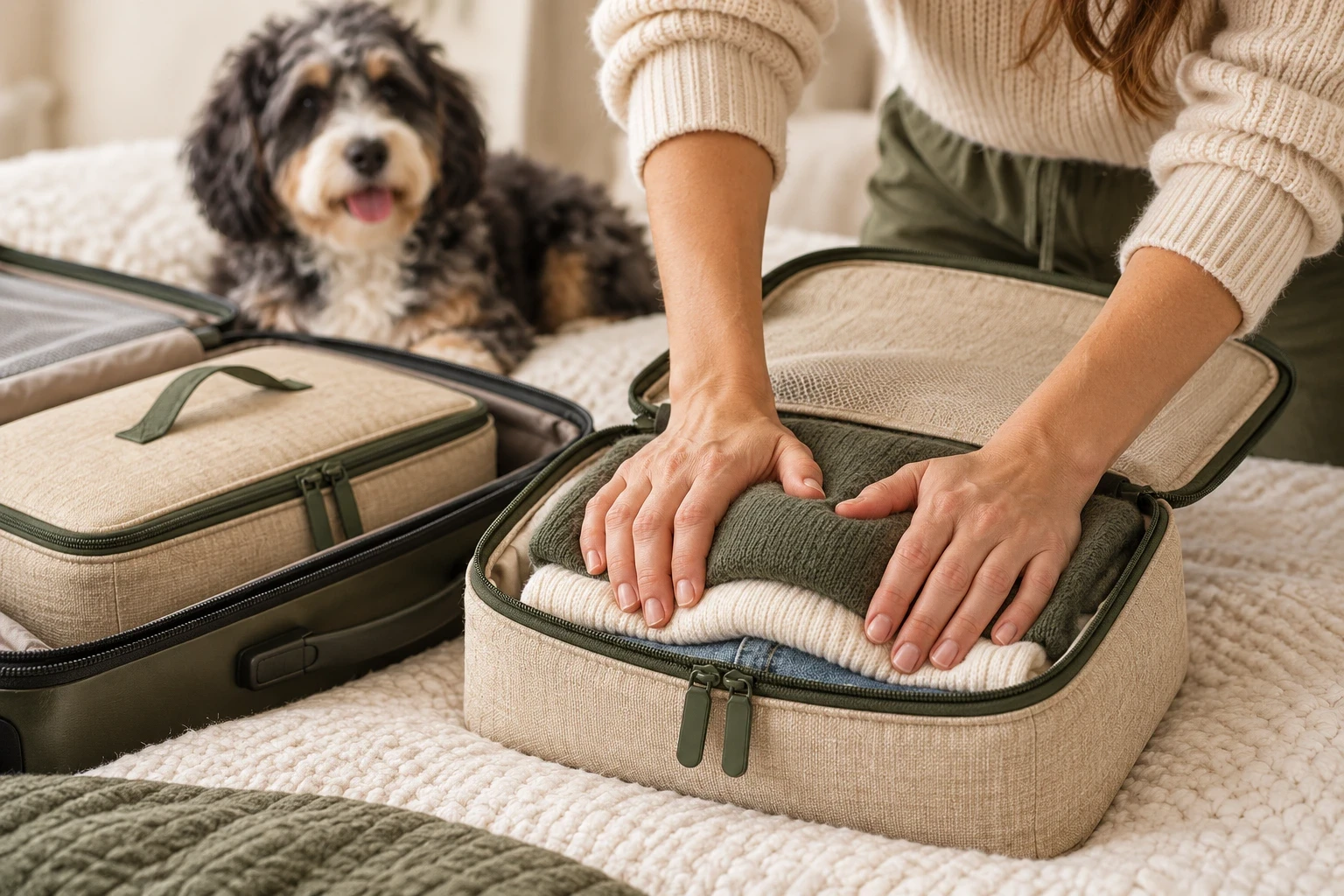 Hands packing clothes into a Weekender Set compression organizer beside an open suitcase.