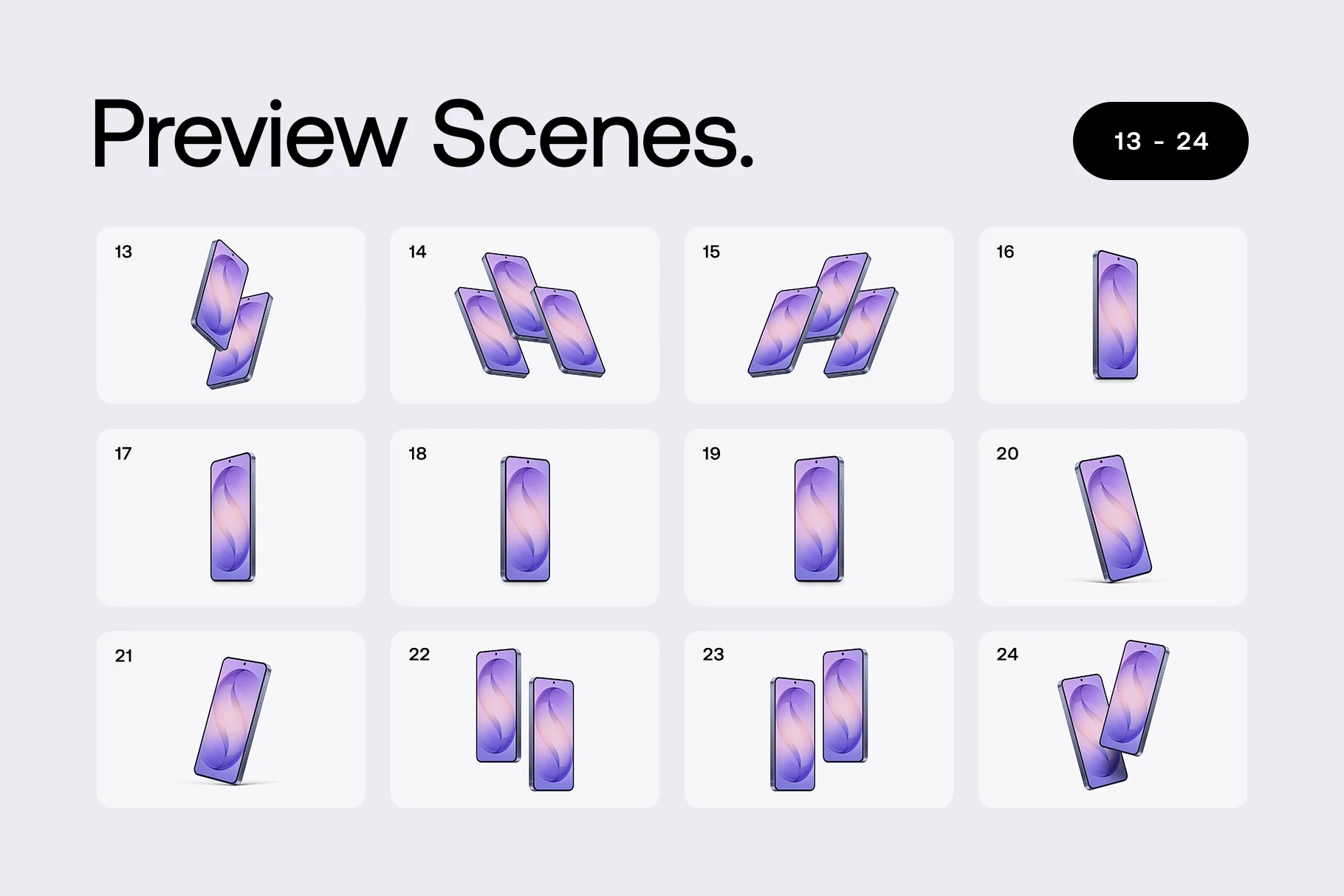 Preview of Galaxy S26 mockup scenes 13 to 24 with dynamic compositions and perspectives.