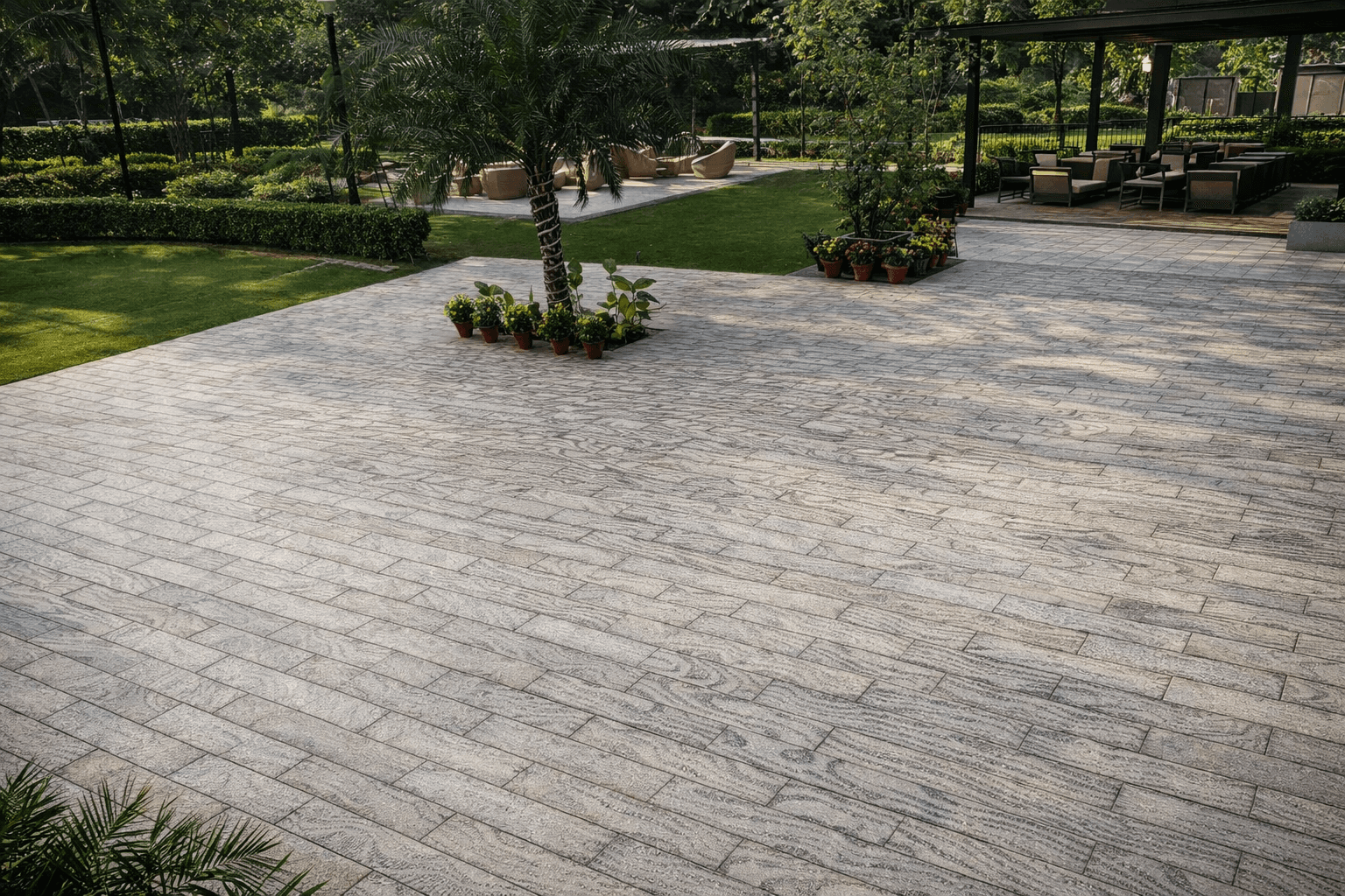Stoovo stone surface with linear texture used in outdoor landscape paving design