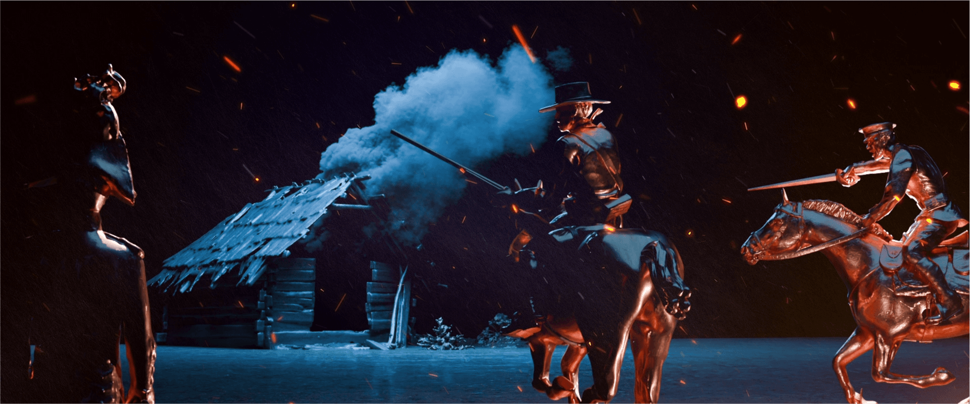A dramatic cinematic still featuring two warriors on horseback riding through a dark environment filled with flying embers, representing a film for education equity.